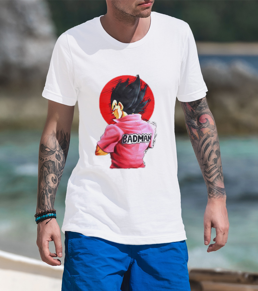 Vegeta Badman Pink Shirt Dragon Ball Style Red Circle Background T-Shirt