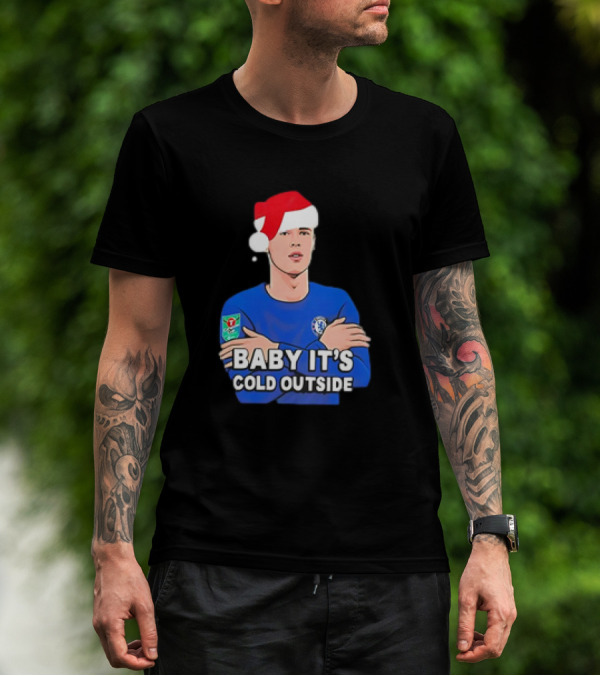 Baby It's Cold Outside Santa Hat Footballer In Blue T-Shirt
