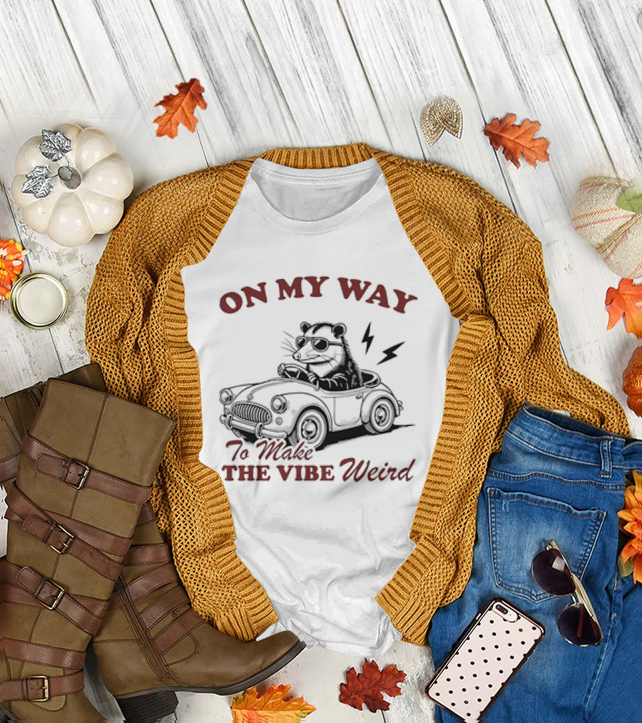 ON MY WAY TO MAKE THE VIBE WEIRD Opossum in Car with Sunglasses and Lightning Bolt T-Shirt