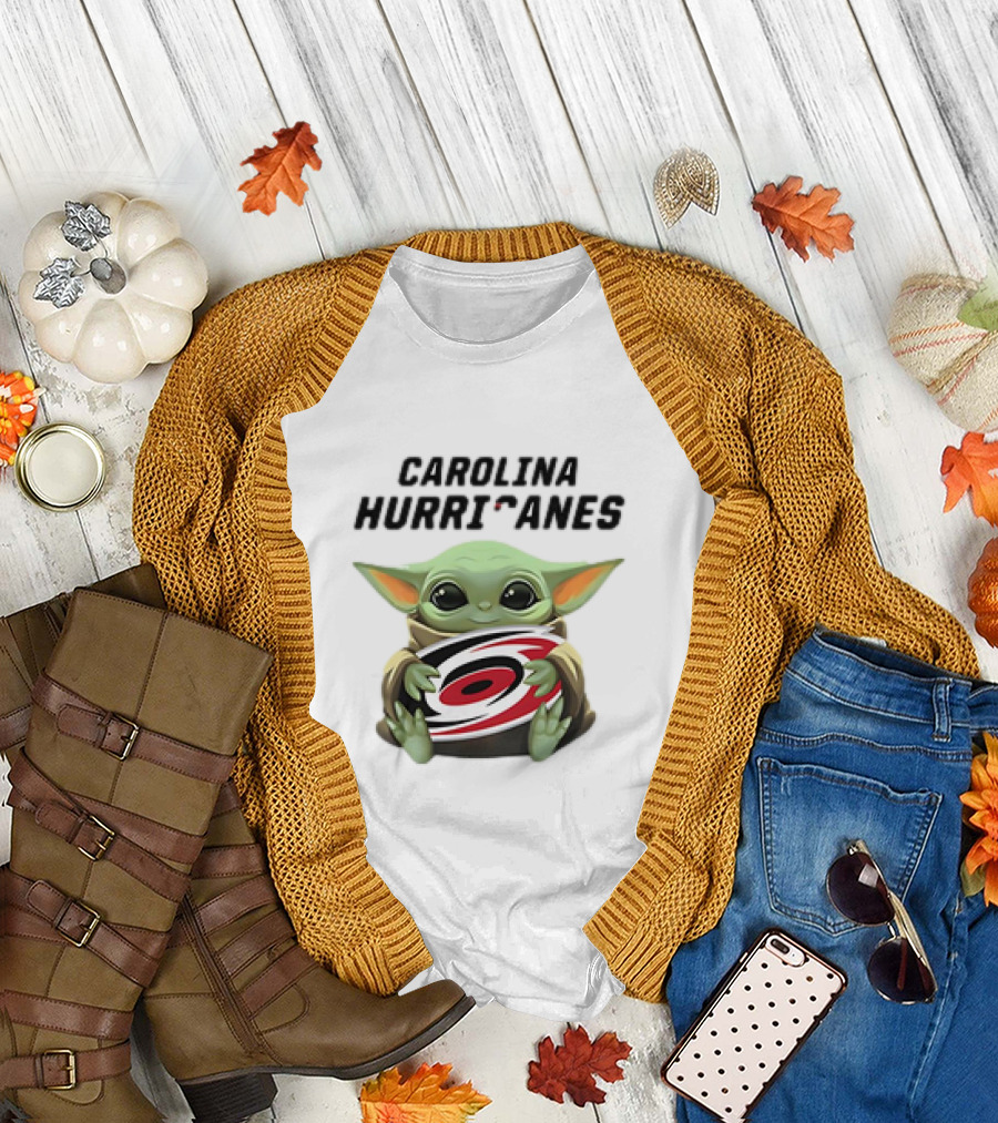 Baby Yoda Hugging Carolina Hurricanes Star Wars Crossover T-Shirt