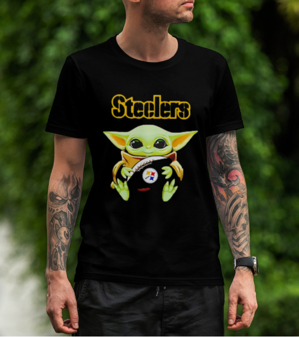 Baby Yoda Hugging Pittsburgh Steelers Football T-Shirt