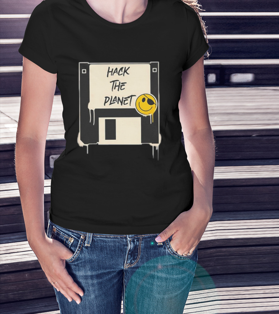 Hack The Planet Floppy Disk Smiley Face T-Shirt