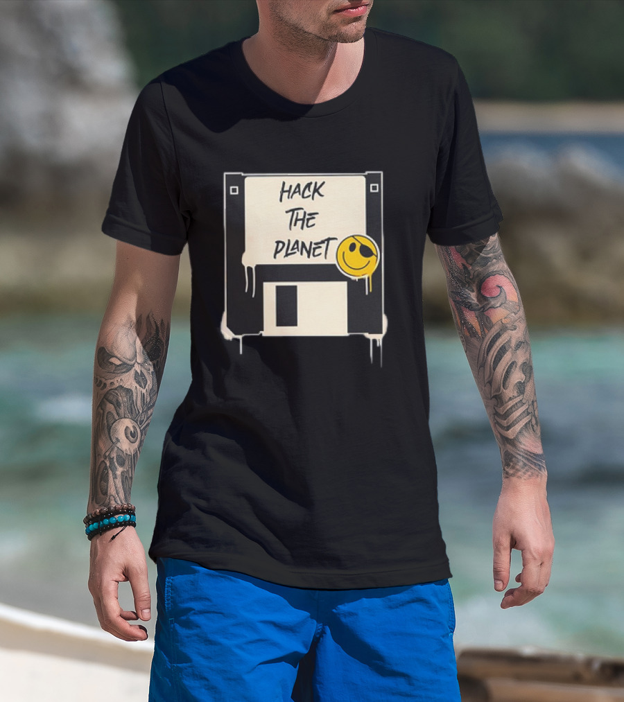 Hack The Planet Floppy Disk Smiley Face T-Shirt