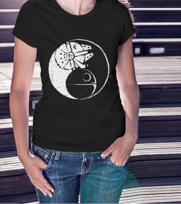 Millennium Falcon And Death Star Yin Yang Balancing The Force T-Shirt