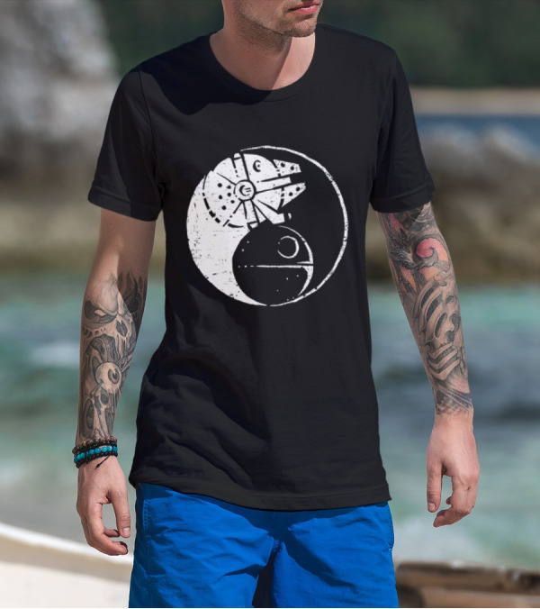Millennium Falcon And Death Star Yin Yang Balancing The Force T-Shirt