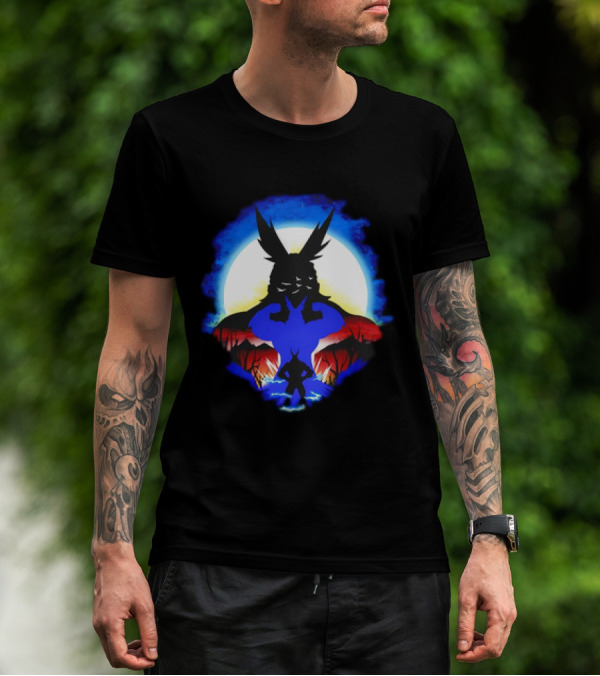 Midoriya And All Might Heroic Silhouettes In Vibrant Night Landscape T-Shirt