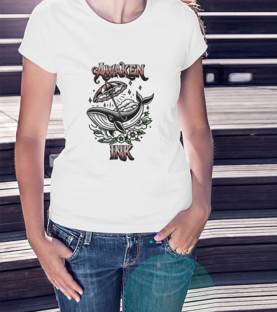 Awaken Ink Whale With Umbrella And Flowers T-Shirt