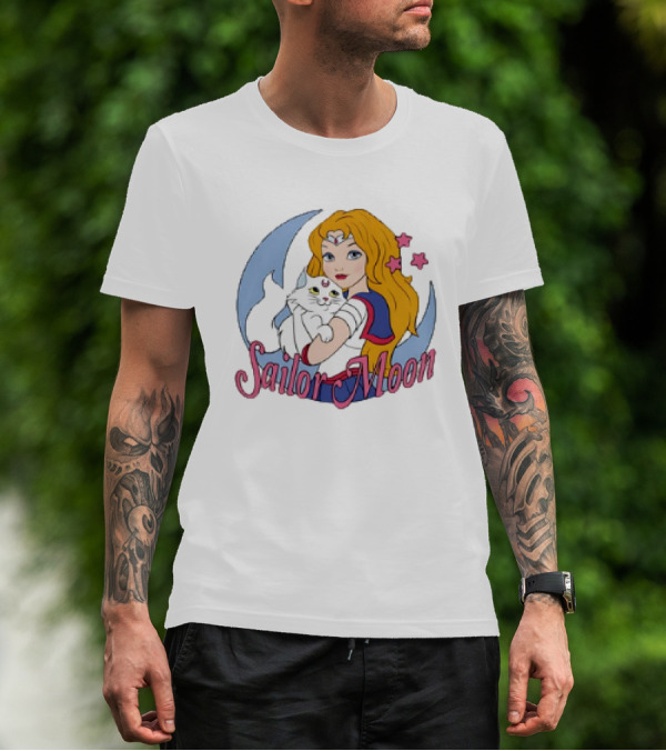 Sailor Moon Karen Amador Ellador Anime Cat Stars Moon Background T-Shirt