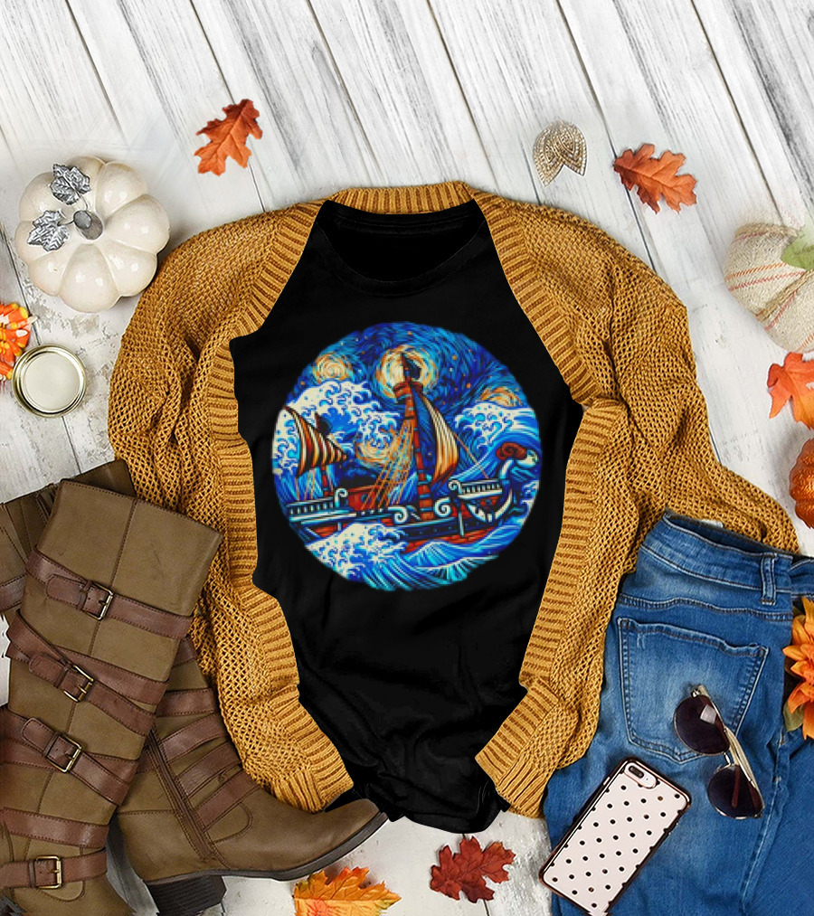 Going Merry One Piece Pirate Ship Van Gogh Wave T-Shirt