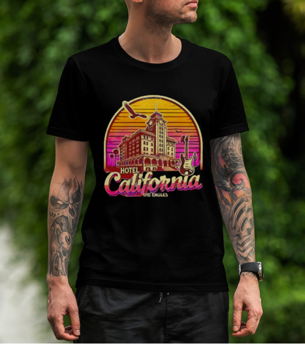Hotel California The Eagles Sunset Art Deco Guitar And Seagulls T-Shirt