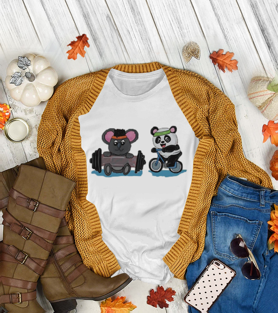 Koala Lifting Weights And Panda Riding Bicycle Together T-Shirt