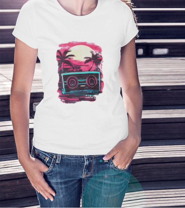 Neon Vintage Charm Sunset Cassette And Palm Trees T-Shirt