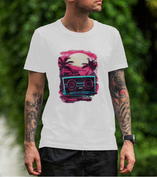 Neon Vintage Charm Sunset Cassette And Palm Trees T-Shirt