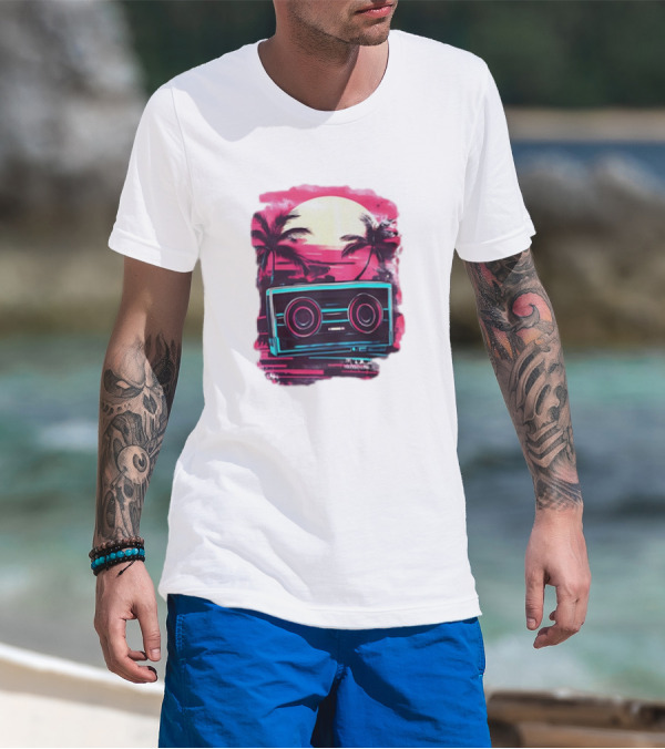 Neon Vintage Charm Sunset Cassette And Palm Trees T-Shirt