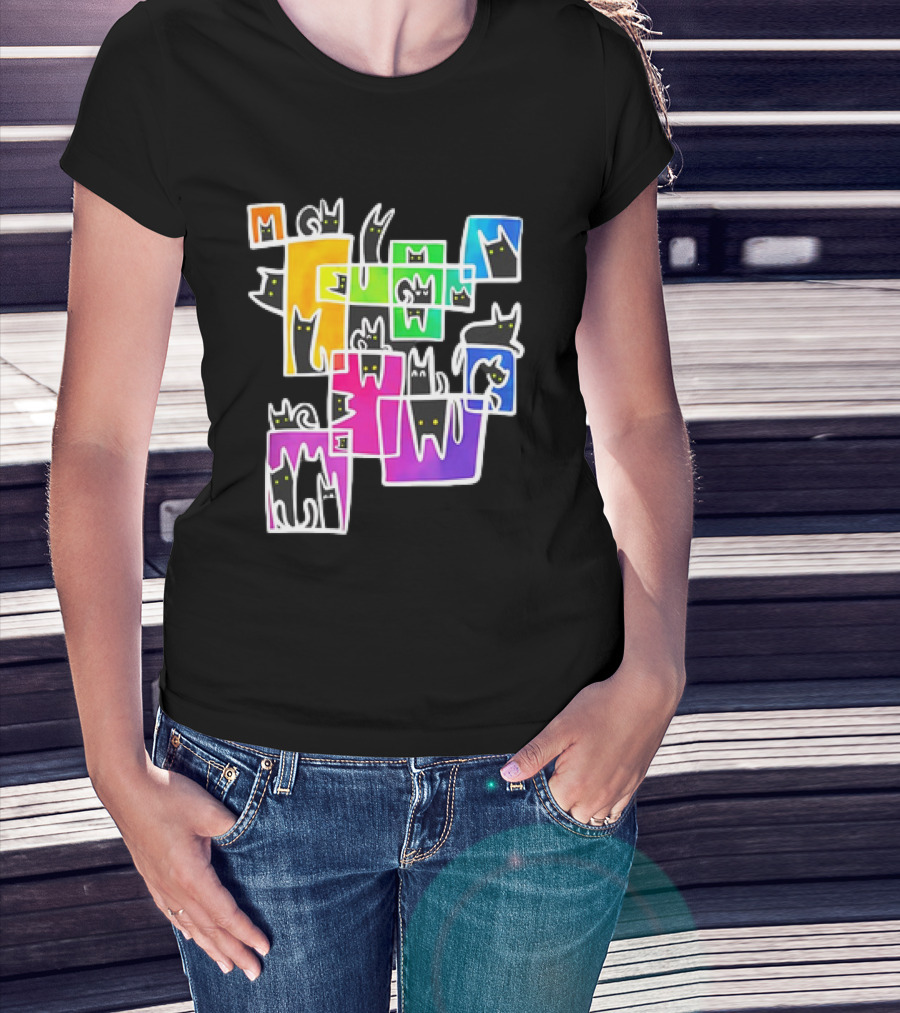Cats Kitty Warp Rainbow Tetris Blocks T-Shirt