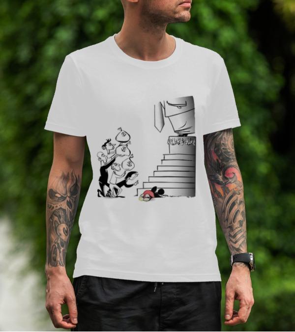 Mickey Mouse Money Bags Cartoon Stairs Political Satire T-Shirt