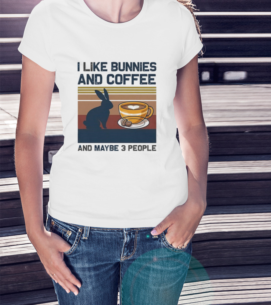 I Like Bunnies And Coffee And Maybe 3 People Vintage Retro Stripe T-Shirt