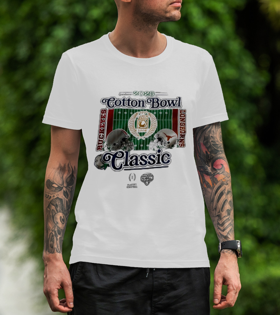 Playoff Central Ohio State Buckeyes Versus Texas Longhorns 2025 Cotton Bowl Classic Helmet Matchup T-Shirt