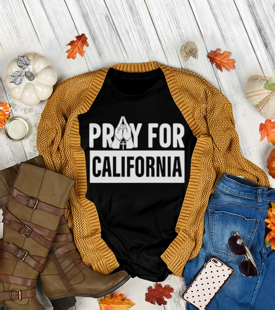 Pray for California Wildfires Black Text with Praying Hands T-Shirt