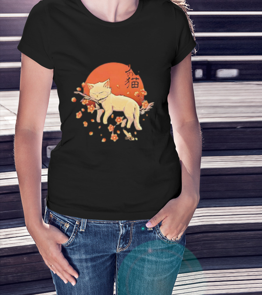 Sleeping Cat With Blossoms Under Red Sun T-Shirt