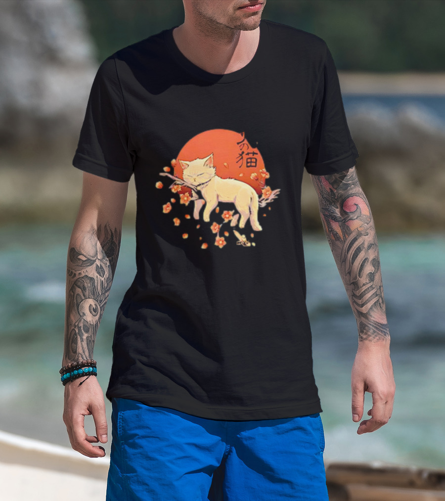 Sleeping Cat With Blossoms Under Red Sun T-Shirt
