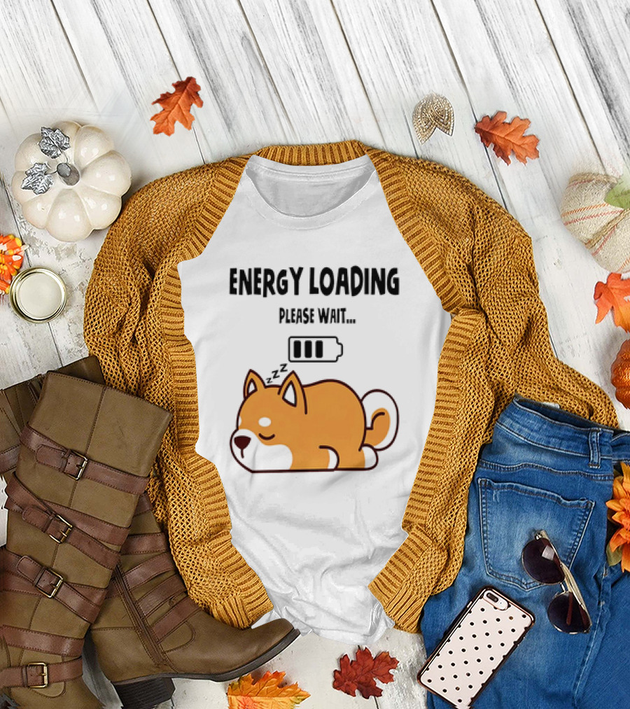 Shiba Inu Energy Loading Please Wait Battery Charging Sleepy Dog T-Shirt