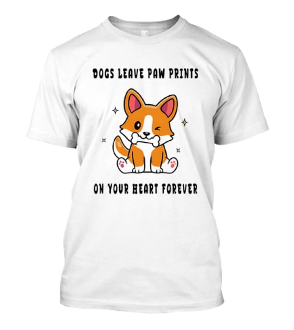 Dogs Leave Paw Prints On Your Heart Forever Shiba Inu Illustration With Bone And Stars T-Shirt