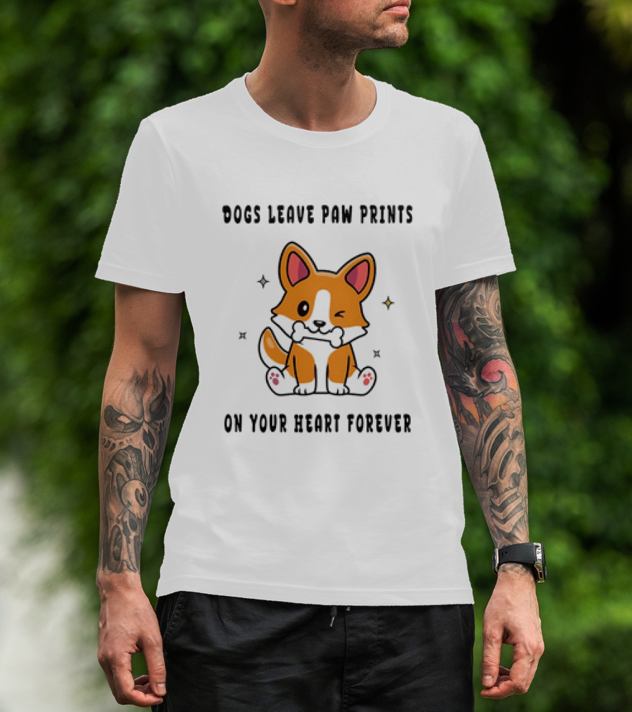 Dogs Leave Paw Prints On Your Heart Forever Shiba Inu Illustration With Bone And Stars T-Shirt