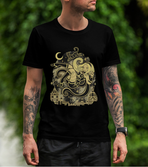 Gravity Rush Floating Cat And Girl In The Sky With Crescent Moon Cityscape T-Shirt