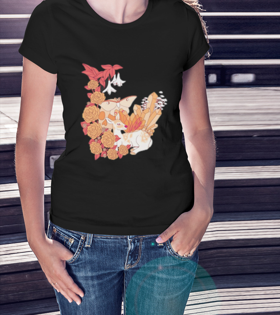 Mystical Forest Fawn Surrounded By Roses And Butterflies T-Shirt
