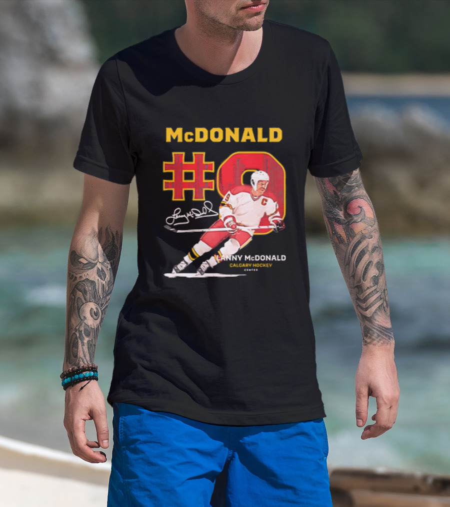 Lanny McDonald #9 Calgary Flames NHL Hockey Throwback Vintage Signature T-Shirt