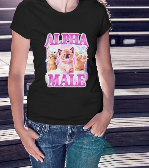 Alpha Male Cat Trio With Rainbow Unicorns And Clouds T-Shirt
