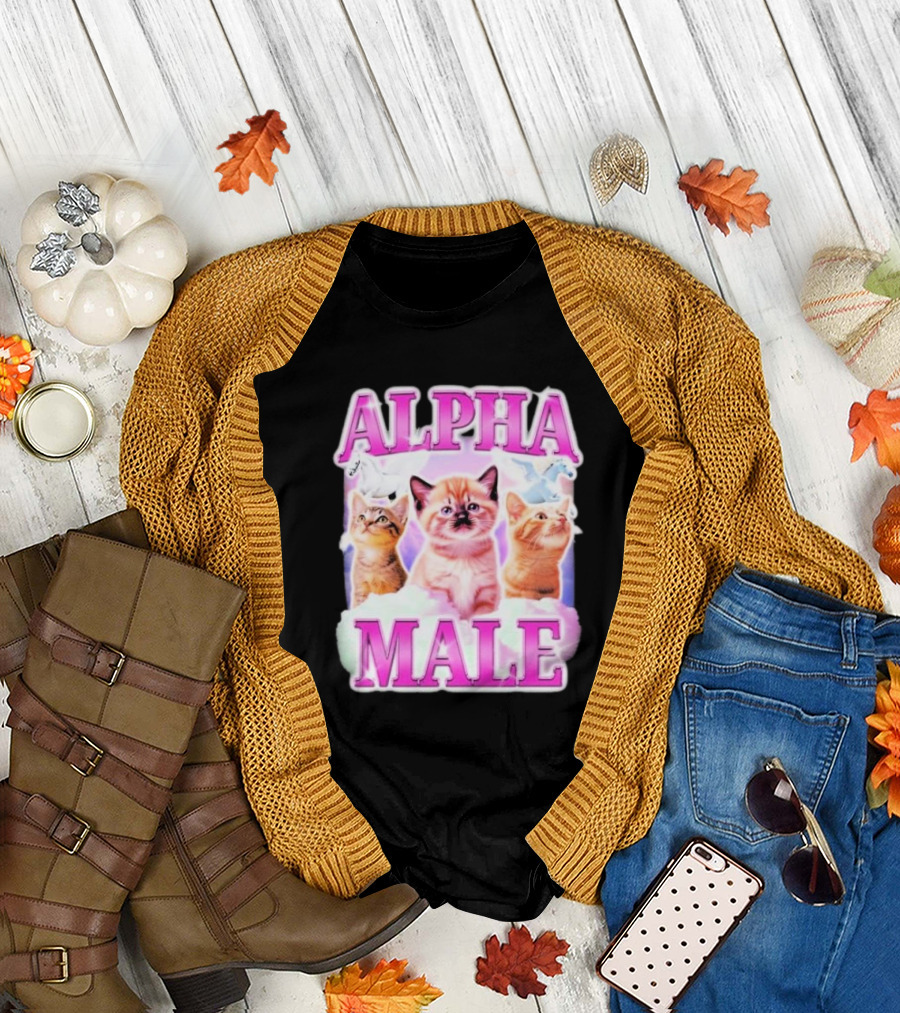 Alpha Male Cat Trio with Rainbow Unicorns and Clouds T-Shirt