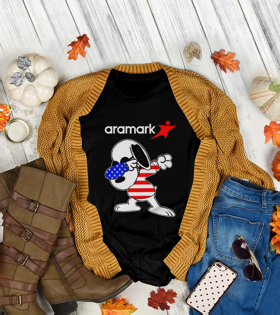 Aramark Snoopy Dabbing American Flag Red White Blue Character T-Shirt
