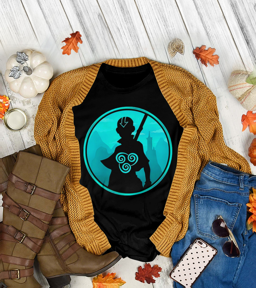 Avatar Aang Airbending Silhouette with Arrow Mark and Air Nomad Symbol T-Shirt