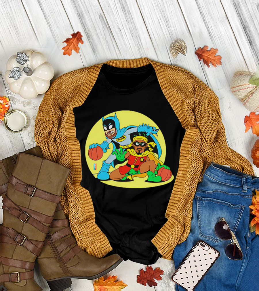 Batman and Robin Warriors Basketball Cartoon Crossover with Superhero Style T-Shirt