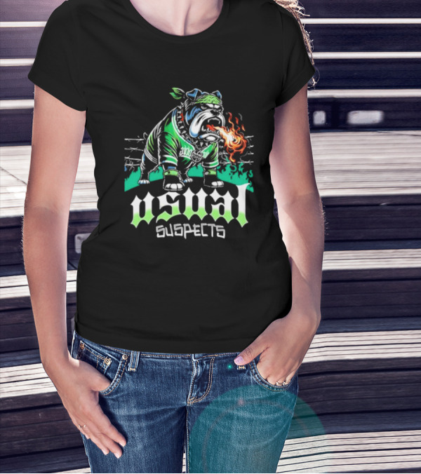 Usual Suspects Bulldog With Fiery Breath And Green Bandana T-Shirt