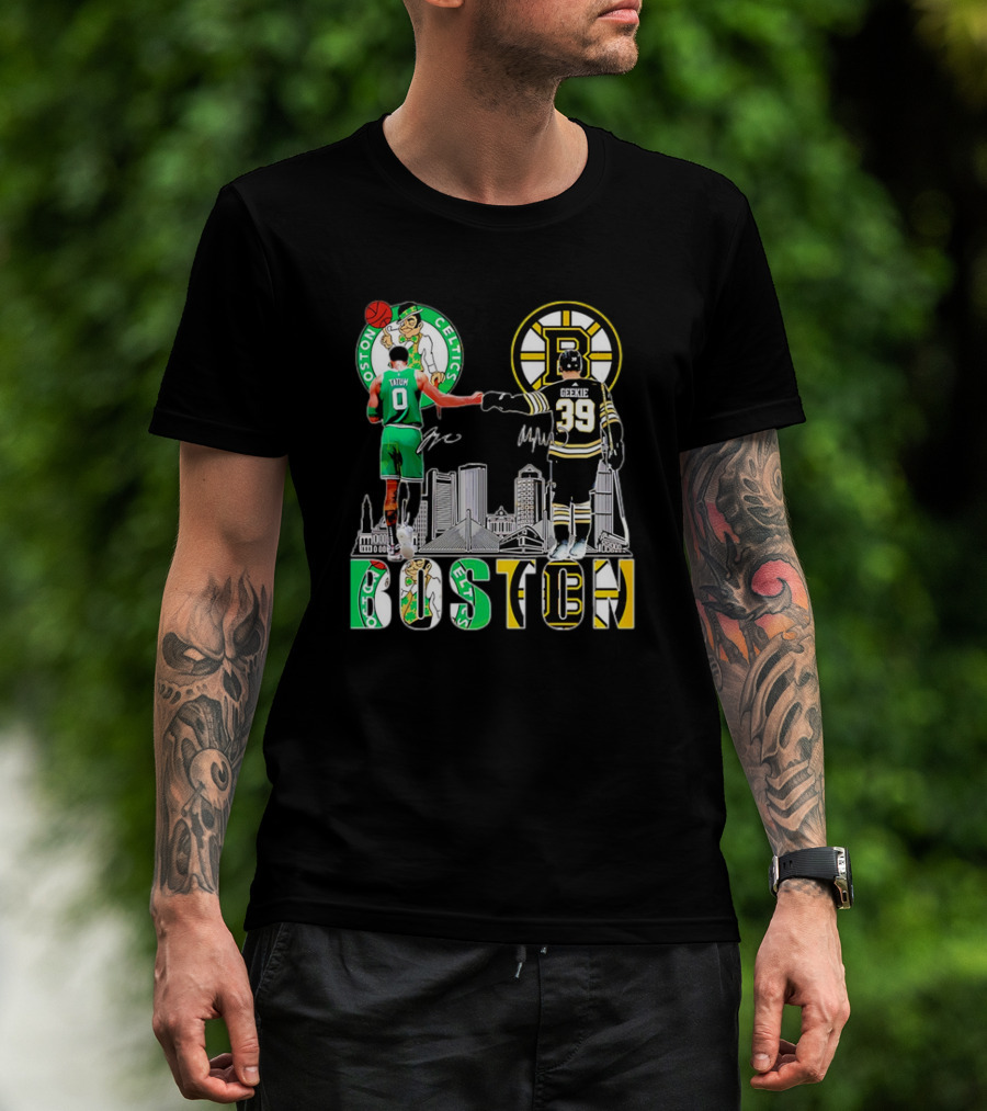 Boston Celtics Jayson Tatum Boston Bruins Morgan Geekie Signatures Skyline T-Shirt