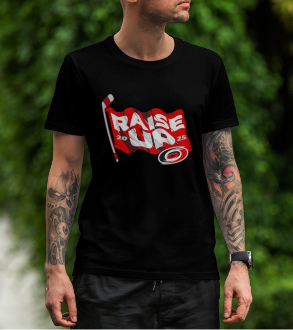 Carolina Hurricanes 2025 Raise Up Stanley Cup Playoffs Flag Hockey Stick Logo T-Shirt