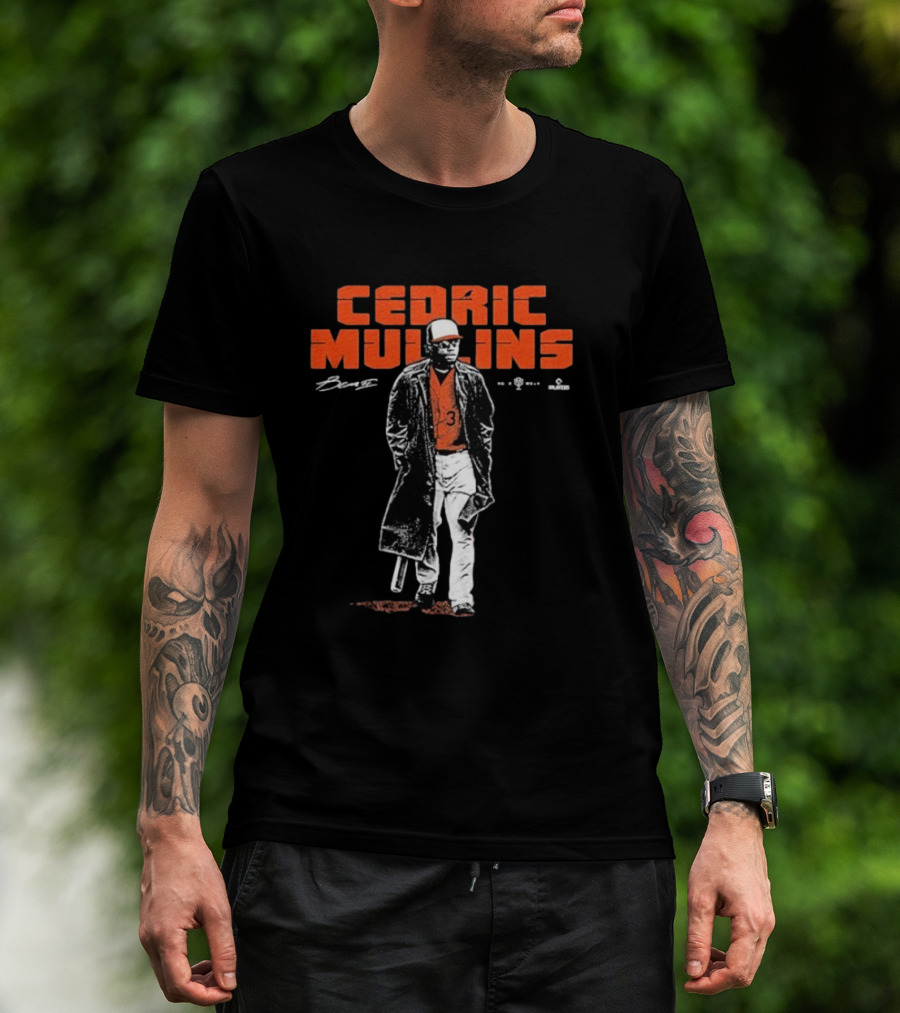 Cedric Mullins Baseball Player Number 31 Walking In Coat With Bat T-Shirt