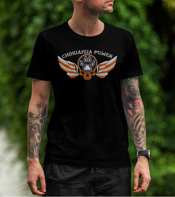 CHIHUAHUA POWER Skull With Flaming Paw Print And Winged Emblem T-Shirt