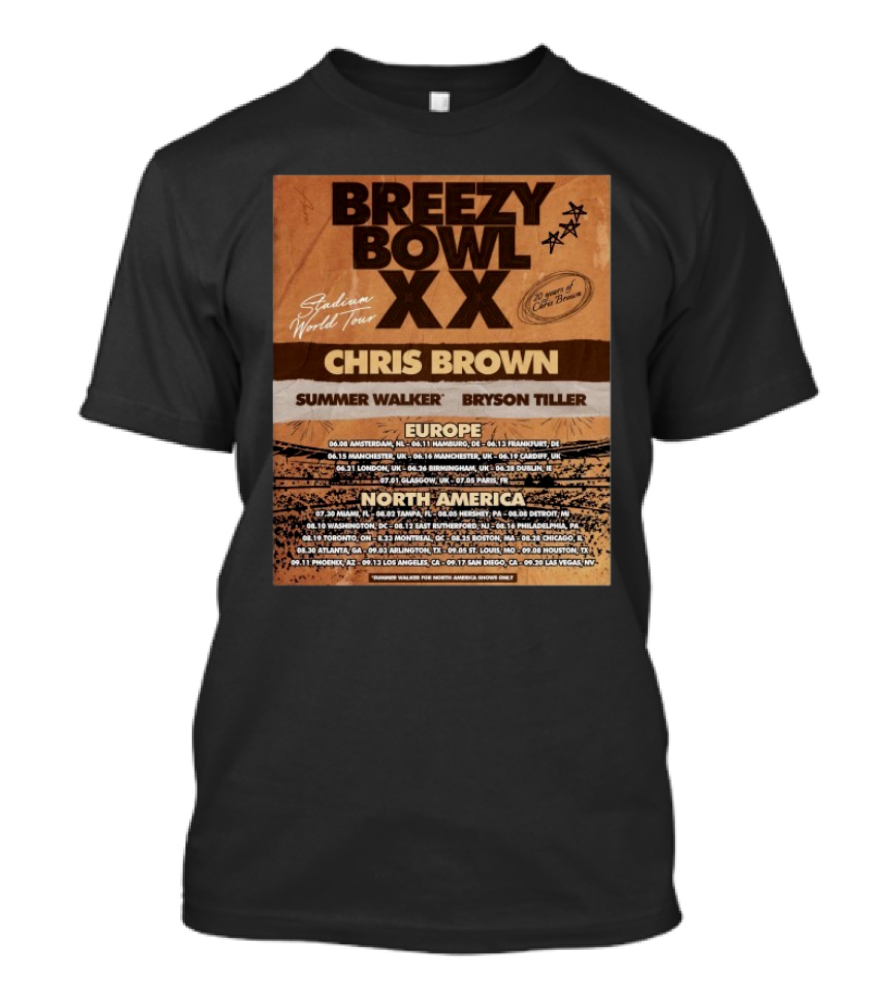 Breezy Bowl XX Stadium World Tour 2025 Chris Brown Summer Walker Bryson Tiller Europe North America Dates T-Shirt