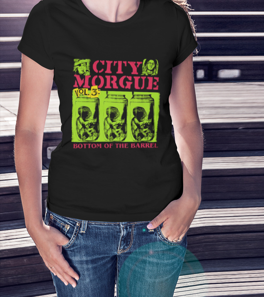 City Morgue Bottom Of The Barrel Green Neon Skeleton Illustrations T-Shirt