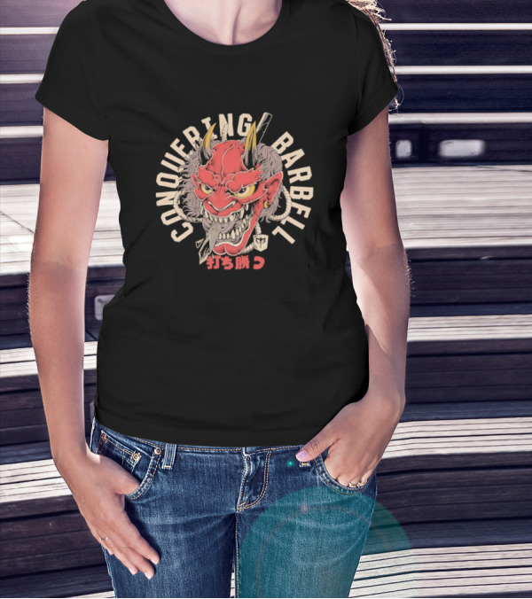 Conquering Barbell Oni Mask Japanese Text T-Shirt
