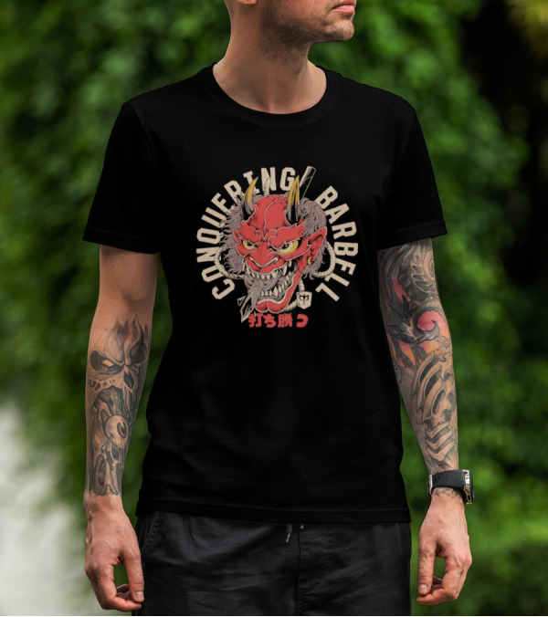 Conquering Barbell Oni Mask Japanese Text T-Shirt