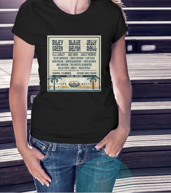 Country Thunder Florida Music Festival 2025 Tampa Lineup Blake Shelton Jelly Roll Raymond James Stadium May 2nd To 4th T-Shirt