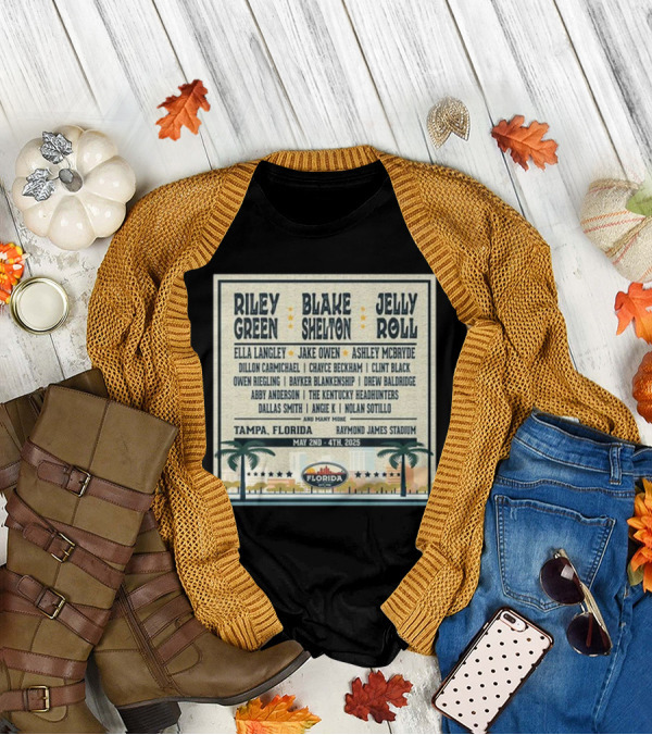 Country Thunder Florida Music Festival 2025 Tampa Lineup Blake Shelton Jelly Roll Raymond James Stadium May 2nd To 4th T-Shirt