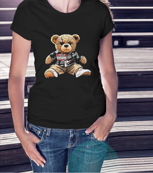 Hello Creasy Bear Fundraiser Hawaiian Theme With Name Tag T-Shirt