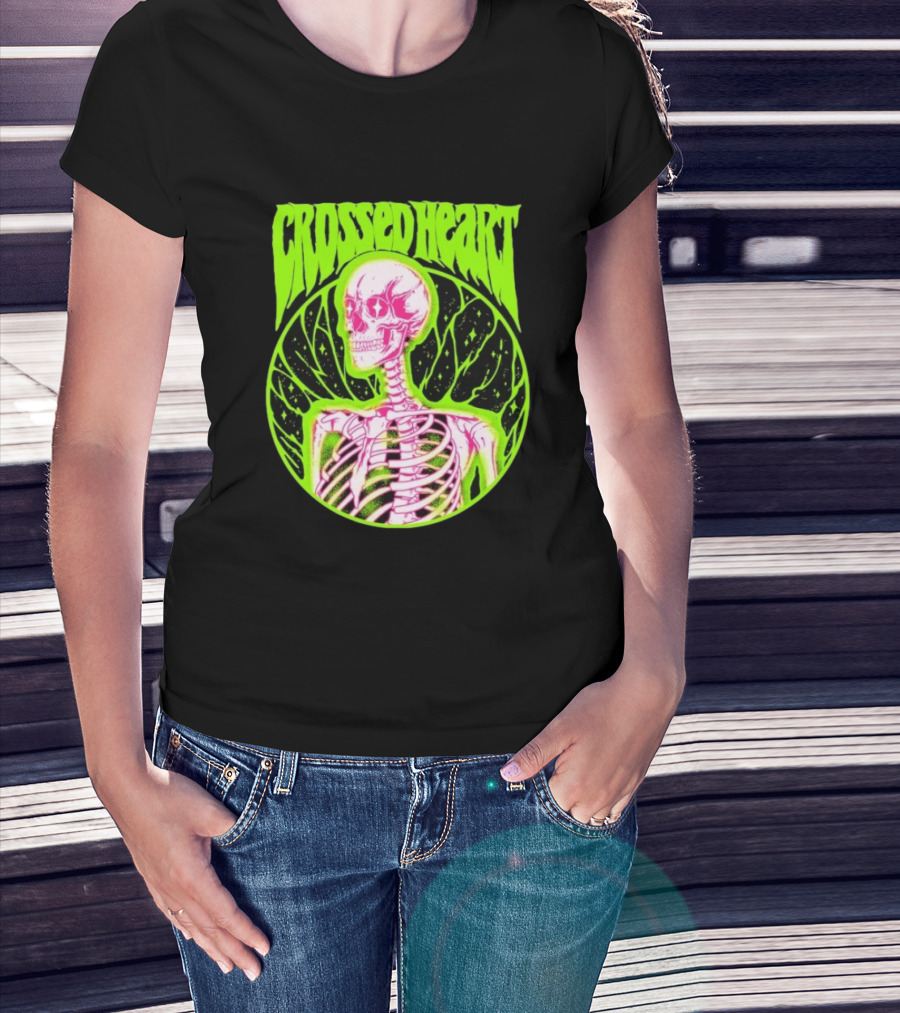Crossed Heart Skeleton Neon Illustration T-Shirt