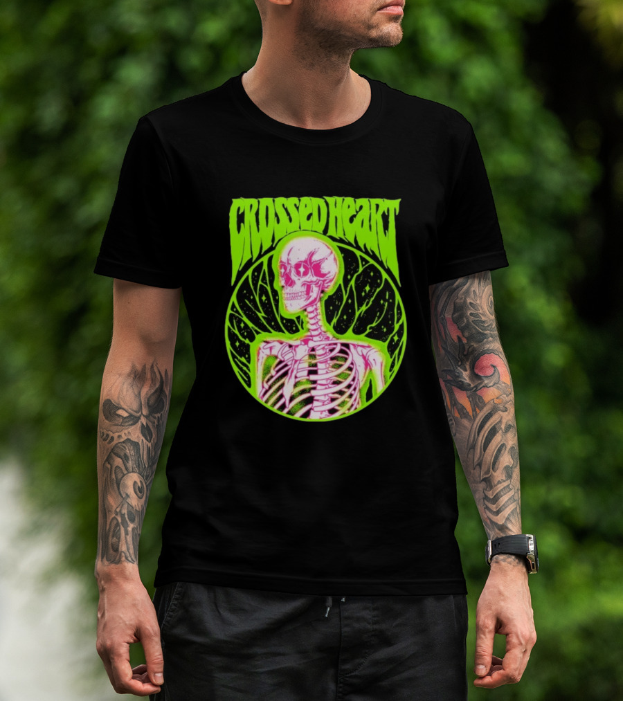 Crossed Heart Skeleton Neon Illustration T-Shirt